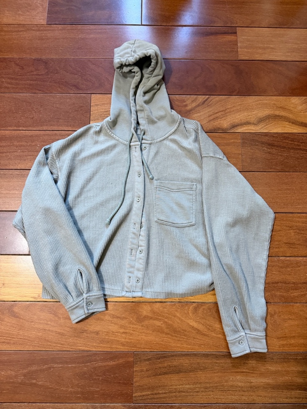 aerie Sage Green Ribbed Button-Up Hoodie Jacket